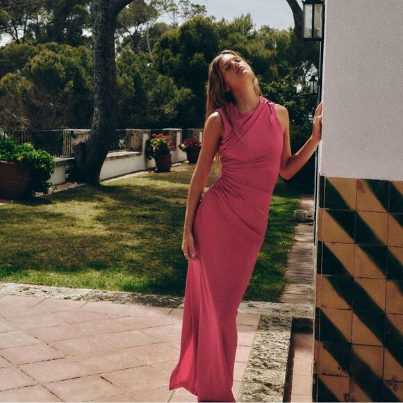 Zara Maxi Hot Pink Ruched Dress - Picture 1 of 4